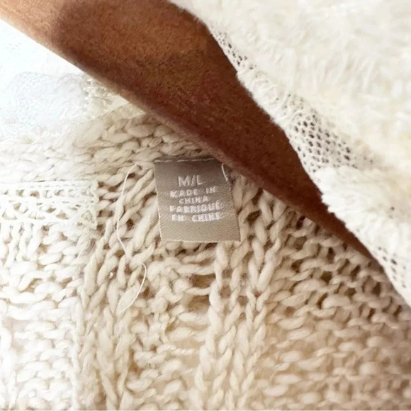 KNITTED & KNOTTED Anthropologie Beige Tan Open Cardigan White Lace Trim Long M/L - Picture 5 of 8